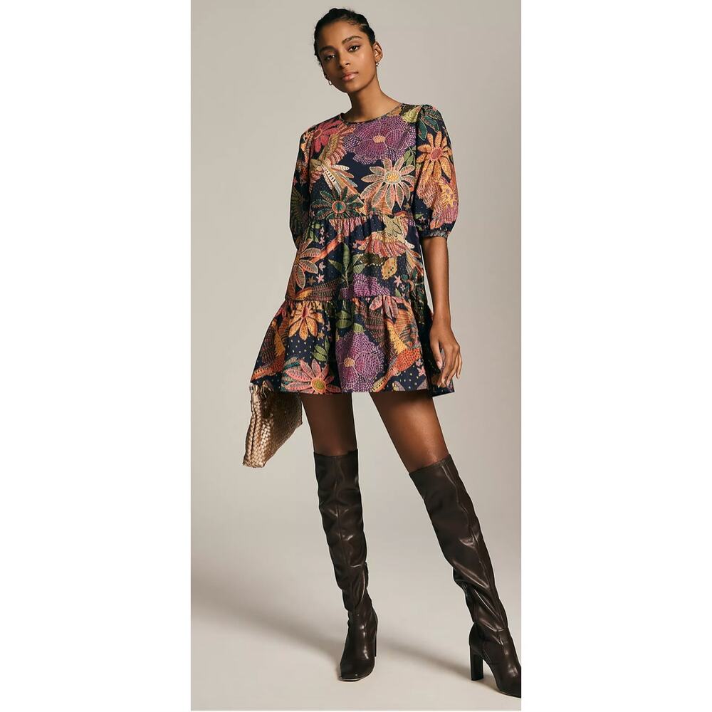 Farm Rio Macaw Puff-Sleeve Mini Dress 100% Cotton Size Medium Tiered Tropical